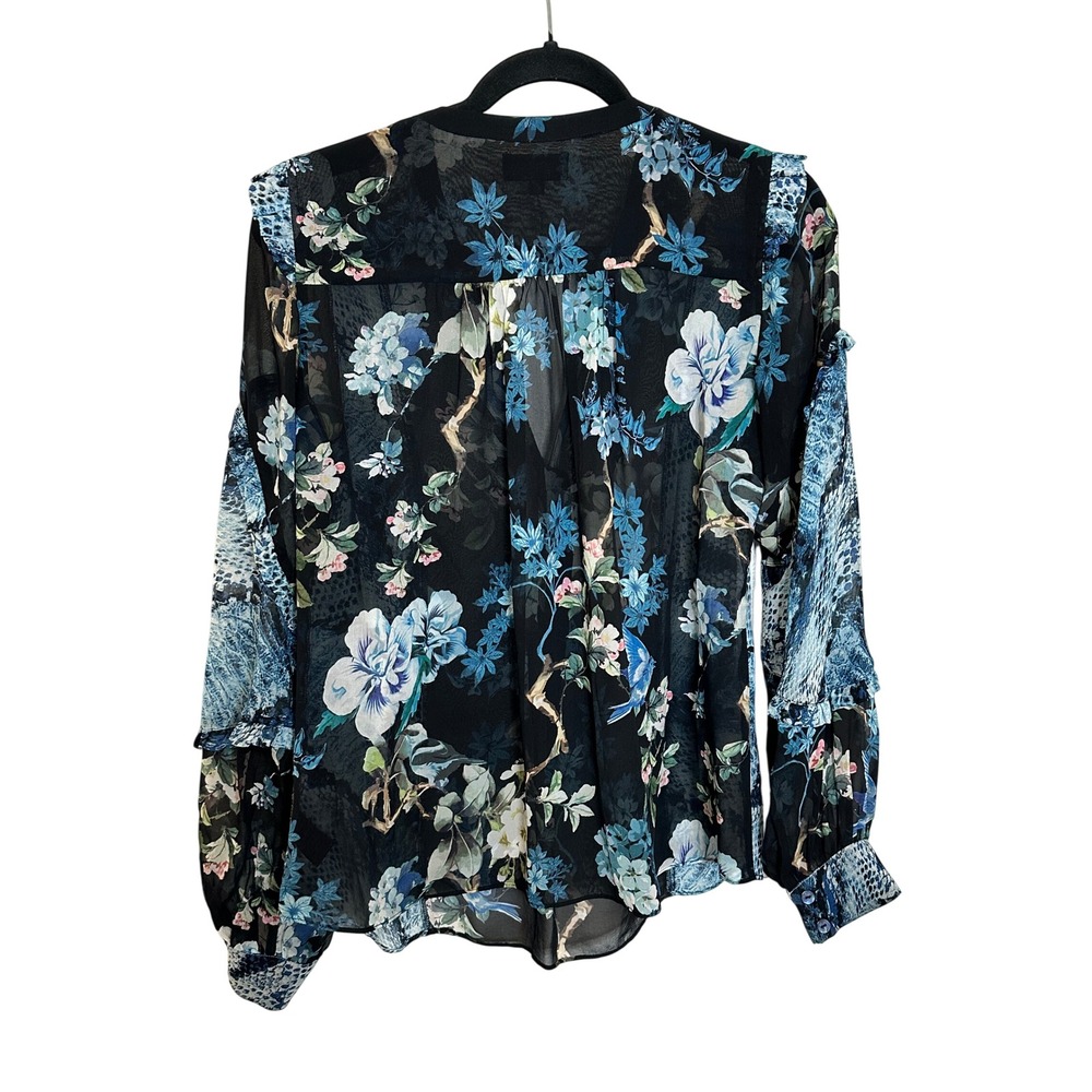 Hale Bob Silk Blouse Top Size M Black Blue Floral Snakeskin Beaded V-Neck Boho - Picture 2 of 11